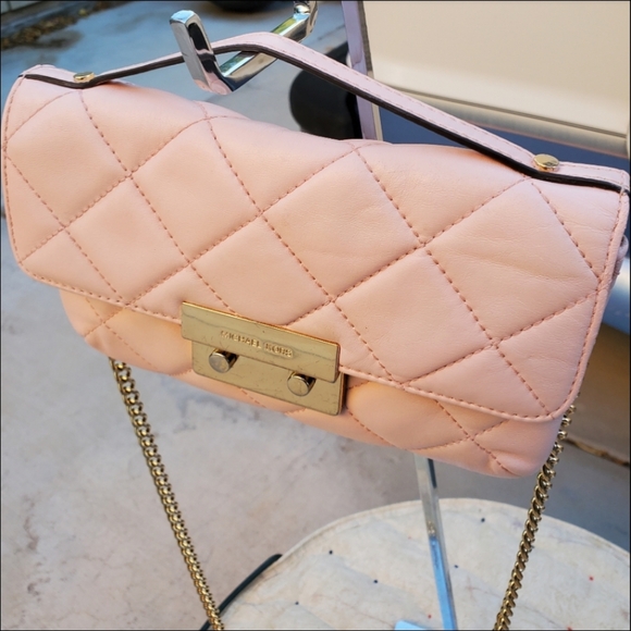 Michael Kors Sloan Pink Quilted Leather Clutch Gold Chain Messenger Crossbody - Picture 11 of 16